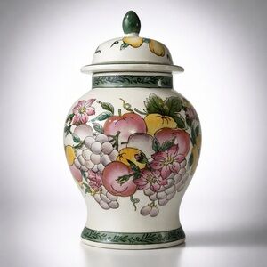 Vintage 8" Chinoiserie Ginger Jar - Fruit & Floral Crackle Glaze - NOS